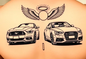 2014 Mustang GT driving down highway with 2015 Audi S5 with Angel wings and halo above 2015 Audi S5 tattoo idea