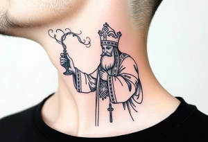 Russian Orthodox Priest in fully detailed vestment swinging a censer with smoke curling upward tattoo idea