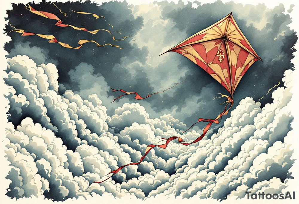 A red and gold kite soaring high over clouds, capturing childlike freedom and joy. tattoo idea
