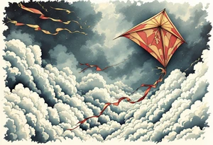 A red and gold kite soaring high over clouds, capturing childlike freedom and joy. tattoo idea