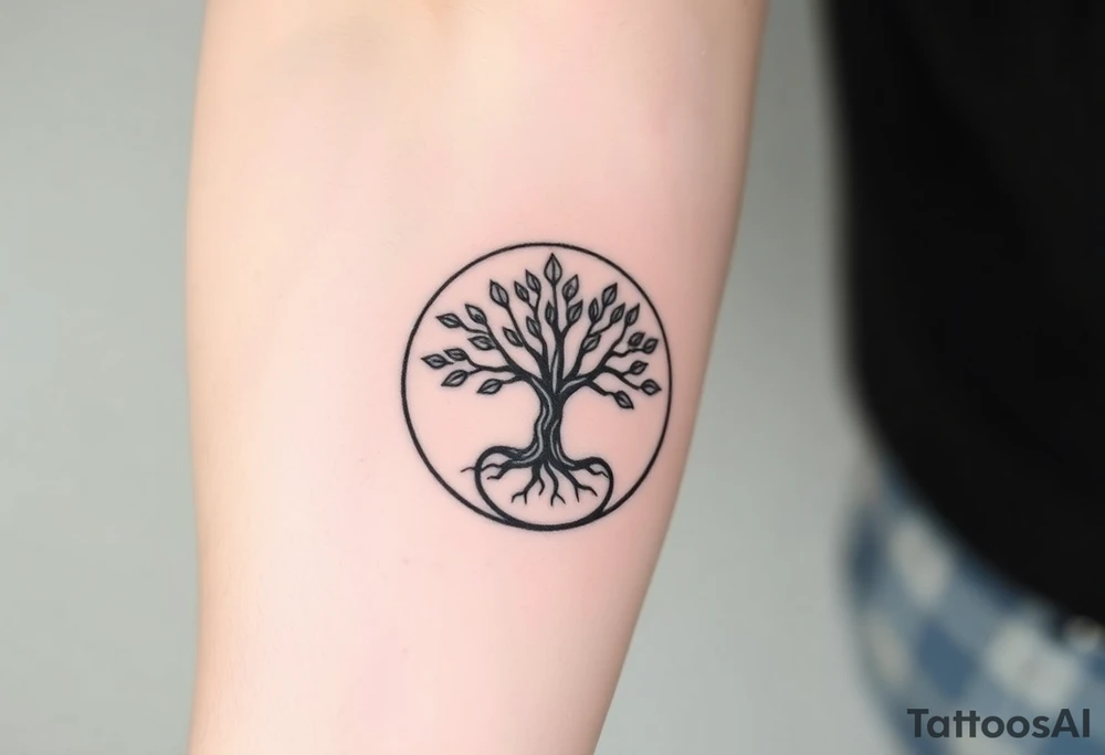 Tree with few leaves encircled in a spiral circle starting from the center of the tree and spiraling out, clockwise direction tattoo idea