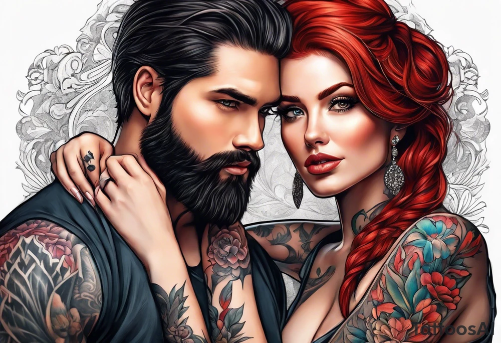 Busty red haired woman with a bearded man who has black hair tattoo idea
