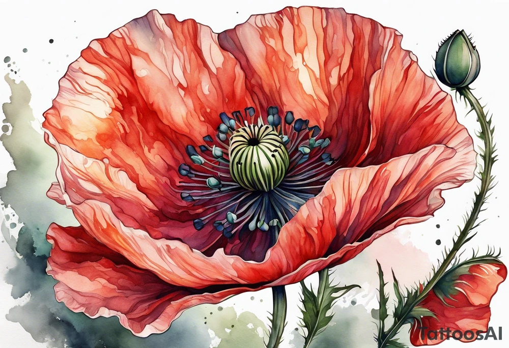 Long poppy flower tattoo, no outline tattoo idea