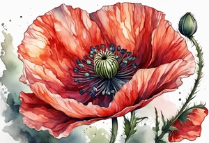 Long poppy flower tattoo, no outline tattoo idea