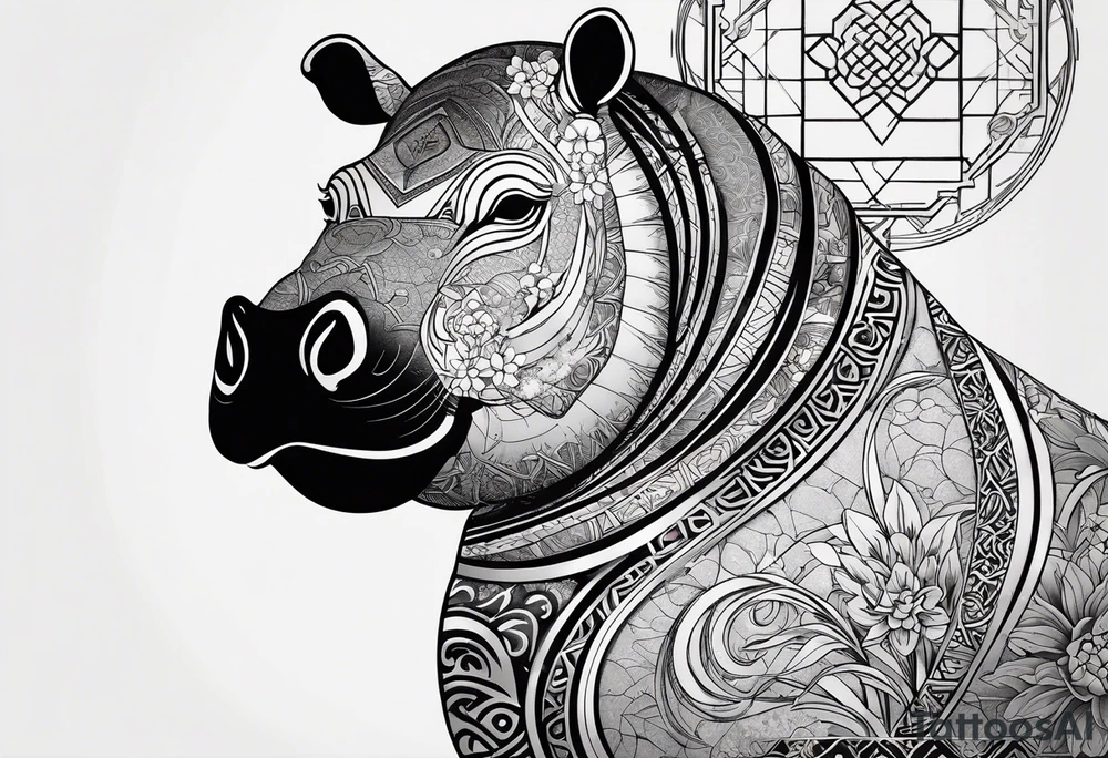 Very asymmetrical, +geometric pattern, with realistic full moon, with serious looking hippo, +zen feel, + Buddhism touch, +tribal, +geometric, +chinese inkart 
with wintersweet flower bud, +portrait orientation, +inkart touch, tattoo idea