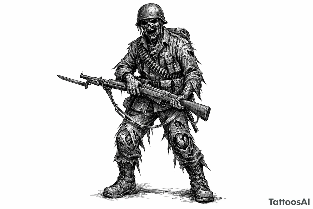 Full body zombie soldier, tattered uniform, bayonet fixed rifle, dark fantasy art. tattoo idea