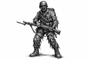 Full body zombie soldier, tattered uniform, bayonet fixed rifle, dark fantasy art. tattoo idea