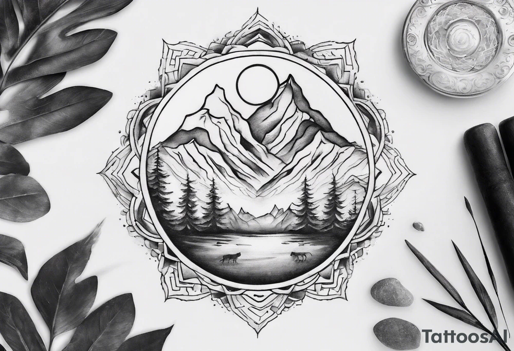 •	Create a mandala incorporating elements of nature like mountains, trees, and rivers to symbolize harmony and balance. tattoo idea
