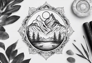 •	Create a mandala incorporating elements of nature like mountains, trees, and rivers to symbolize harmony and balance. tattoo idea