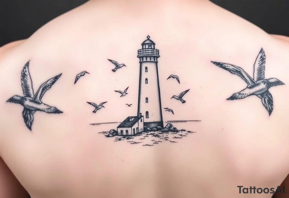 Baltic Sea tattoo with lighthouse surrounded by seagulls tattoo idea