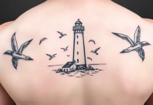 Baltic Sea tattoo with lighthouse surrounded by seagulls tattoo idea