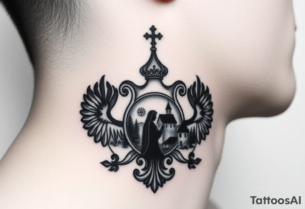 Traditional authentic Russian coat of arms with a Christian orthodox virgin marry in the middle and silhouette in a Russian wilderness Christian orthodoxy dome church village setting on the side of my neck tattoo idea