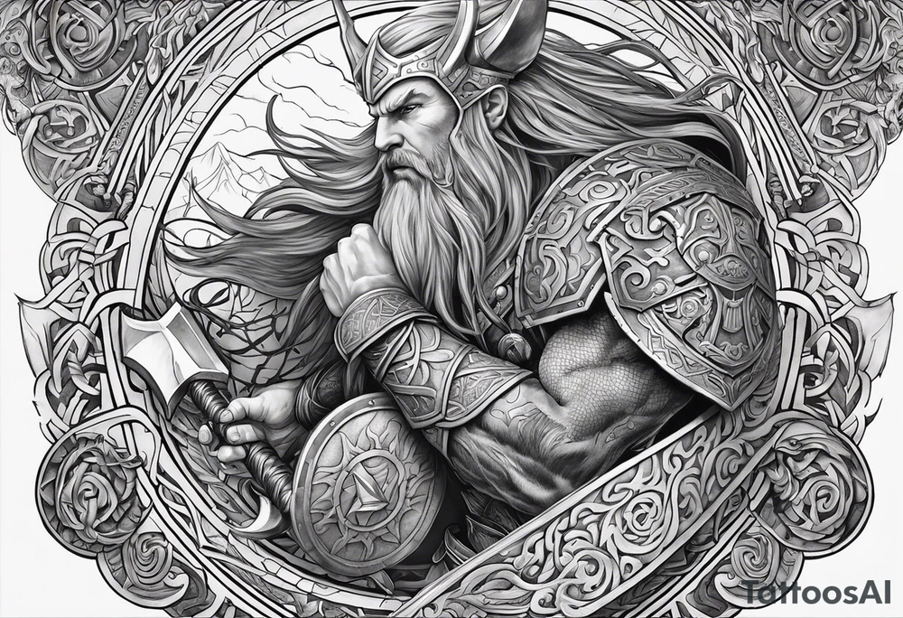 Full sleeve and pectoral tattoo showing the epic battle of ragnarok. It should include a scene between Thor, the god of thunder versus Jörmungandr the serpent as well as Odin all father and Fenrir the wolf. Place a Viking compass in the middle of the pectoral tattoo idea