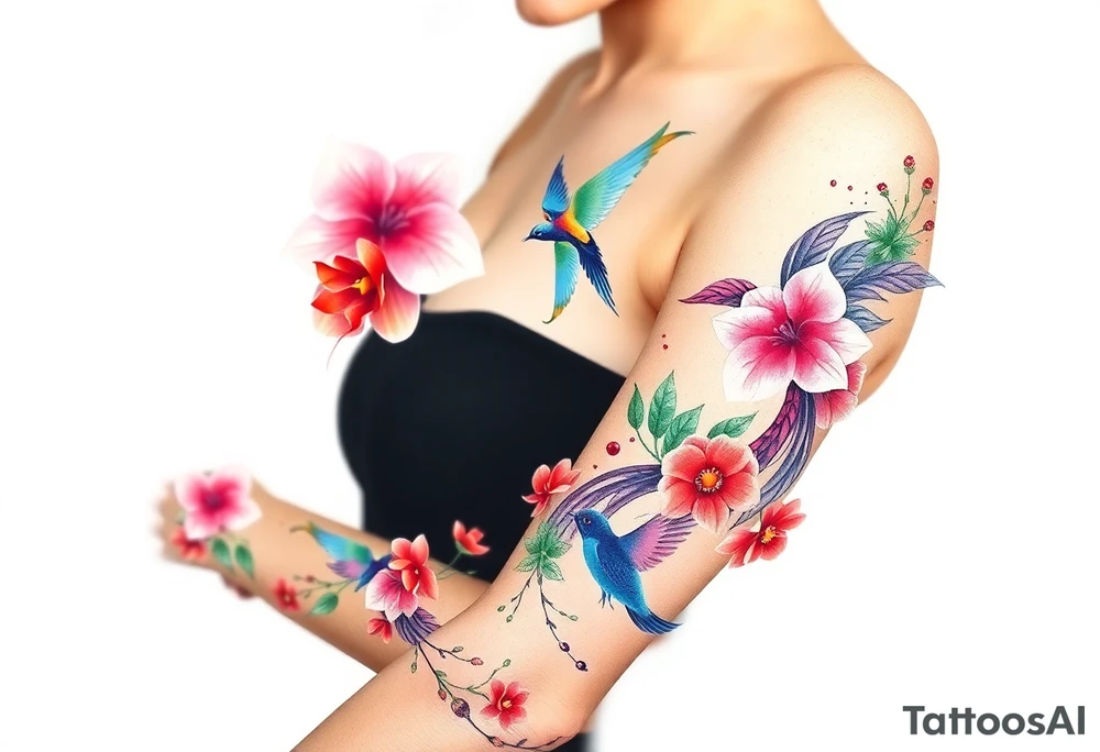 orchid flower ,  Coi fish and colorful birds tattoo idea