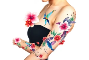 orchid flower ,  Coi fish and colorful birds tattoo idea