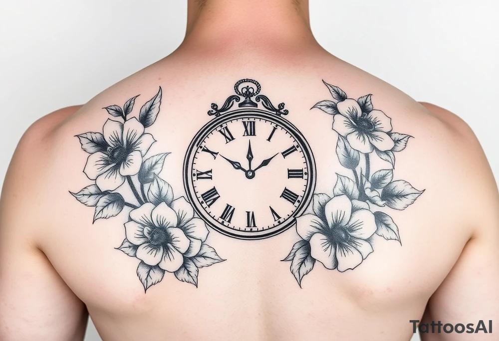 Clock set at 5:46 surrounded by flowers tattoo idea