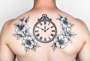Clock set at 5:46 surrounded by flowers tattoo idea