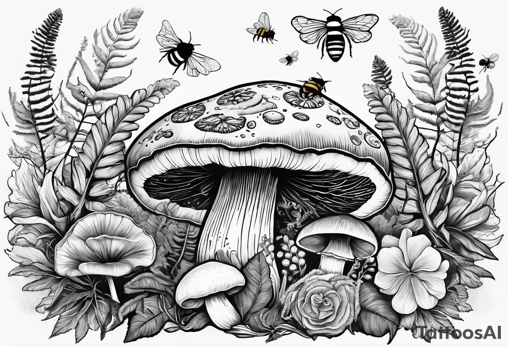 Botanical, wildlife, mushroom, bumble bee, moth, fern tattoo idea