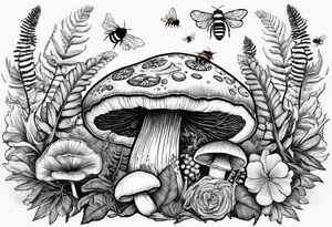 Botanical, wildlife, mushroom, bumble bee, moth, fern tattoo idea