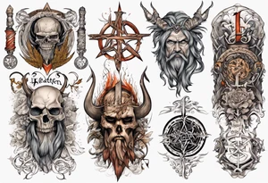 pagan sleeve with heathen writing tattoo idea