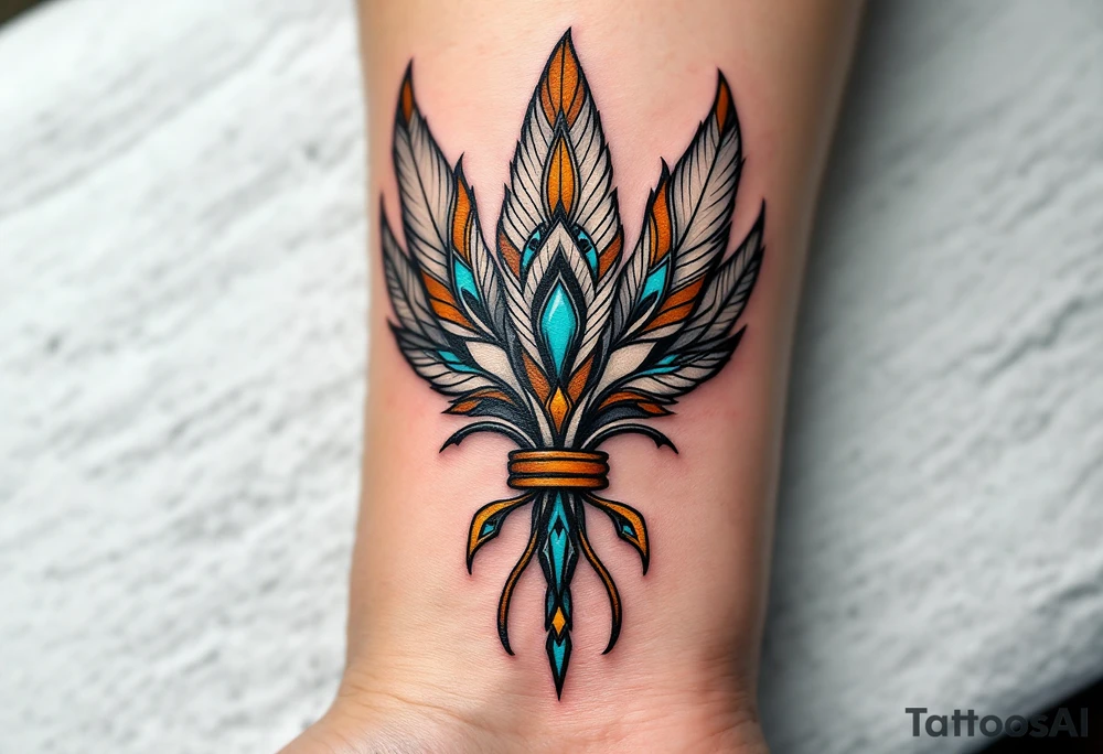 A tribal feather fan in brown, white, and turquoise, held together by leather bindings. tattoo idea