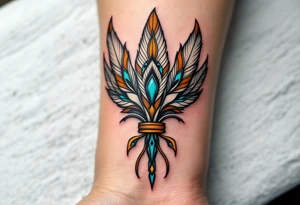 A tribal feather fan in brown, white, and turquoise, held together by leather bindings. tattoo idea