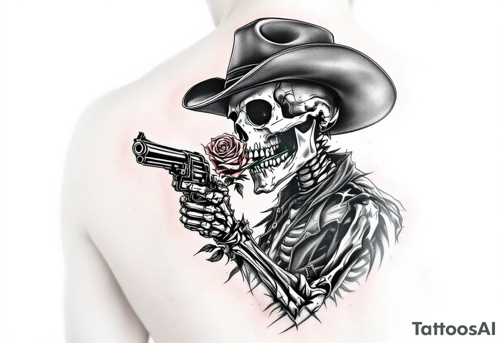 a full body skeleton cowboy gunslinger with a rose in his mouth. tattoo idea