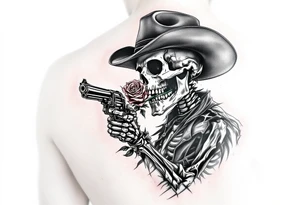 a full body skeleton cowboy gunslinger with a rose in his mouth. tattoo idea