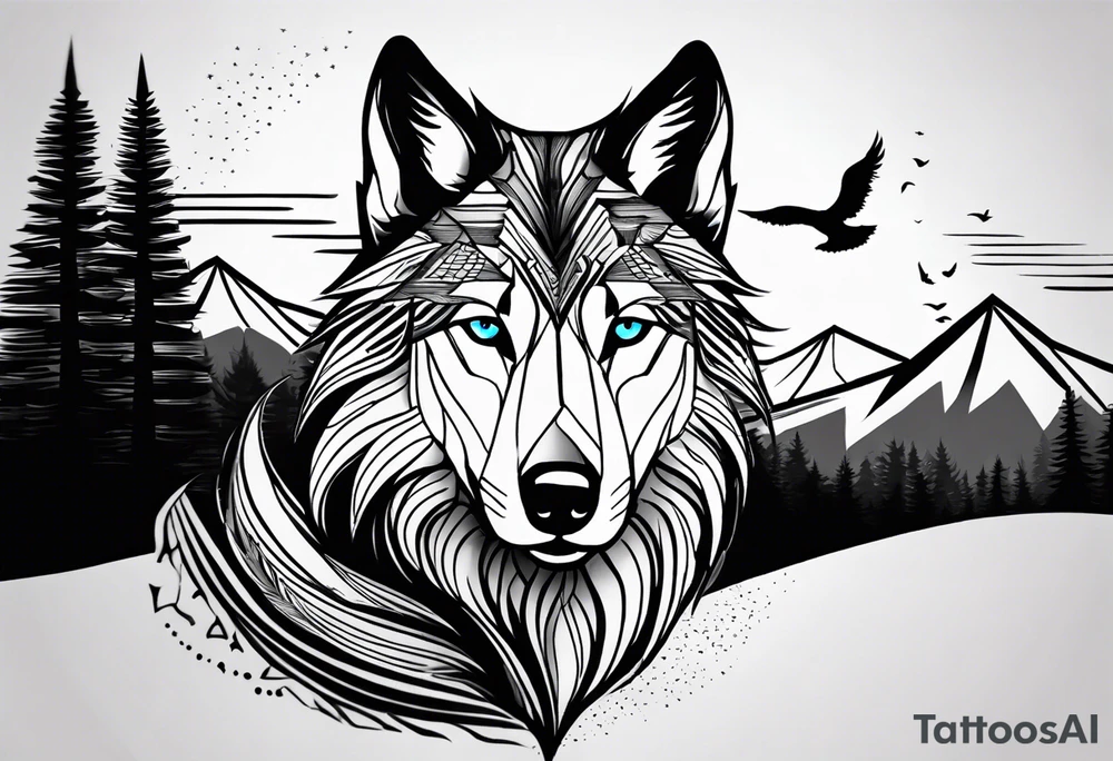 Suggest me creative and aesthetic black and white tattoo design for whole wrist which should include camera aspects in style and in an aesthetic manner, half wolf face with blue eyes, rapping elements and adventure elements like mountains,birds,pine trees. tattoo idea