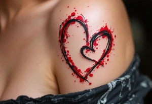 Black ink sketch-style hearts outlined with red splatter to symbolize imperfect but real love. tattoo idea