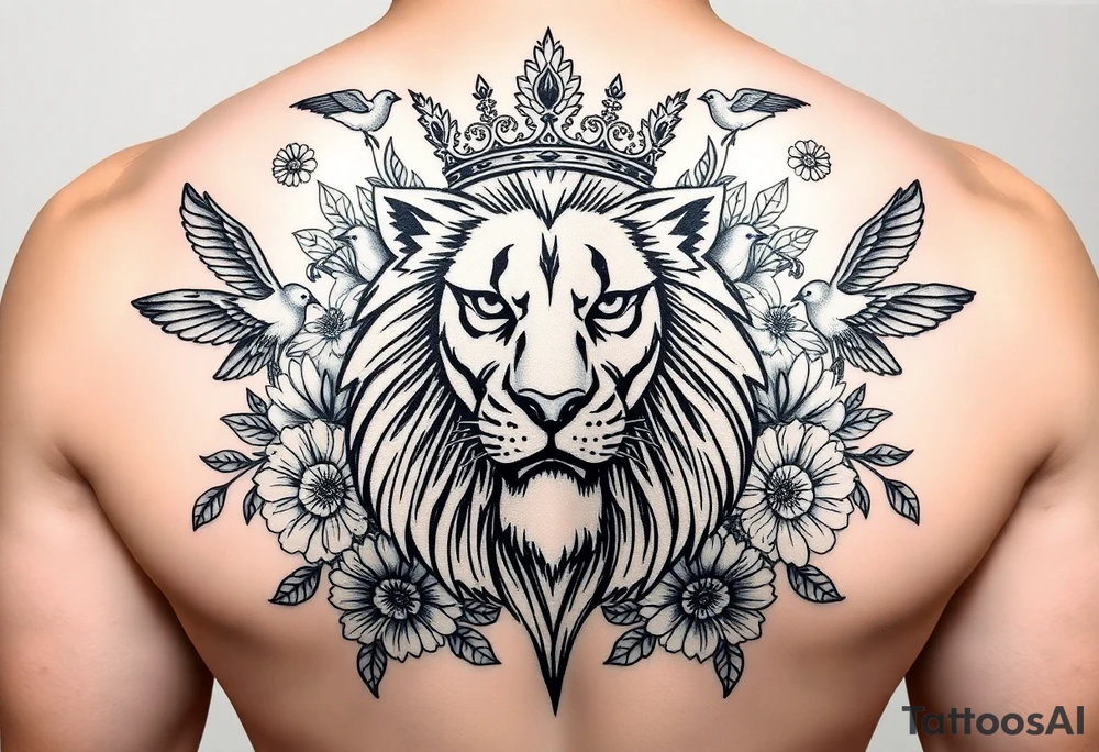 powerful majestic lion with a crown, surrounded by floral ornaments and birds tattoo idea