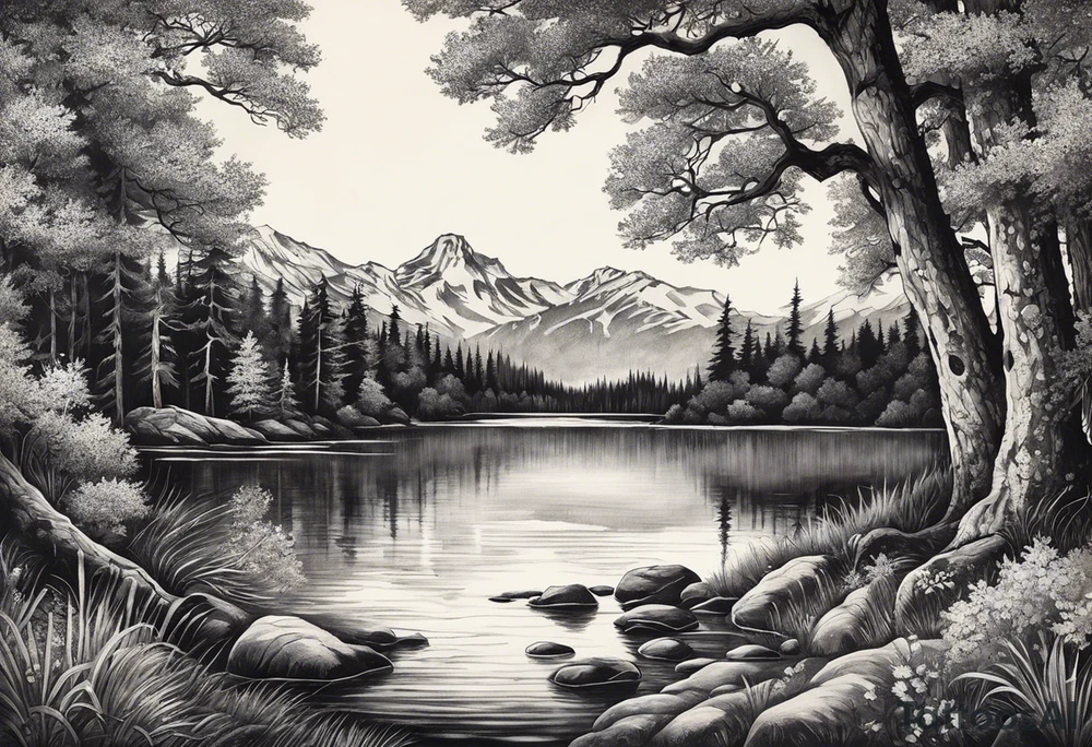 I want a large tattoo with a super realistic paw print, within the paw print I want a landscape and I want it to be lifelike texture and shading, especially on the nails. Inside the paw print, there's a detailed nature scene: mountains, a lake, a stream, and southern oak trees with wide canopies like a traditional southern background. Keep the peeks of the mountains soft. The sun peeks over the mountains, shining and reflecting over the land and water, with realistic shading for depth. Around the paw print, l'd like a splotchy, fading background for a natural, textured look, but without any animals. The overall style should be detailed and realistic, with strong shading and dimension. No color and very realistic in the paw. tattoo idea