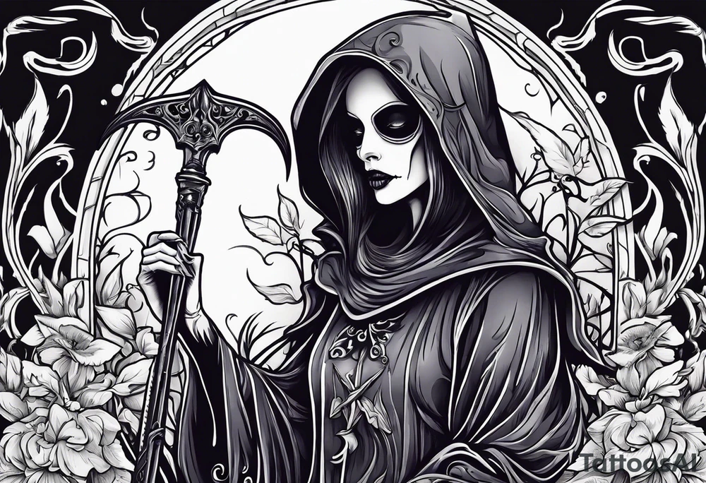 cute feminine grim reaper with scythe and nightshade tattoo idea