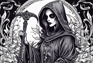 cute feminine grim reaper with scythe and nightshade tattoo idea