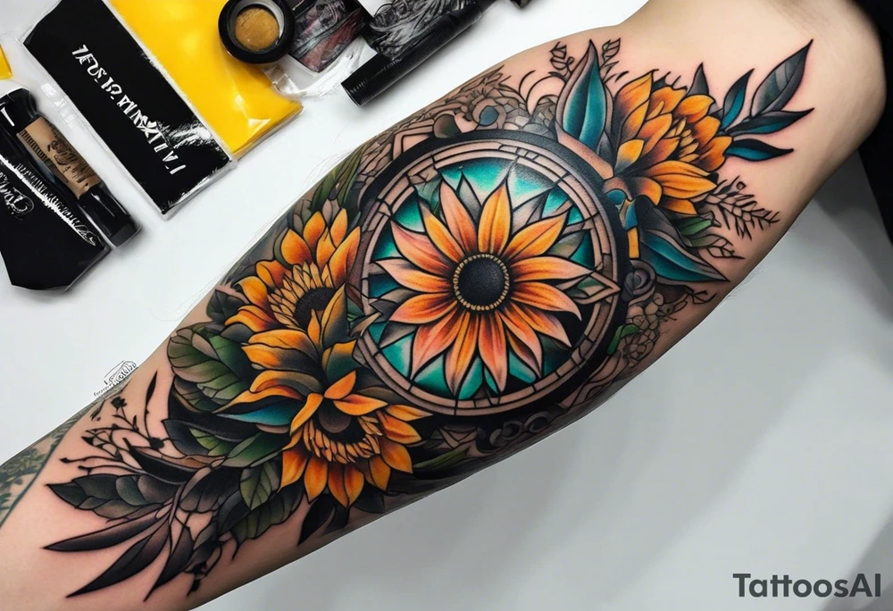 Small inside arm tattoo. Black kite (Daya's name), nature (trees/flowers), rock/metal vibe, small sunflower. tattoo idea