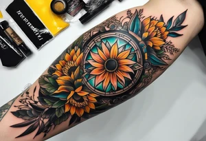 Small inside arm tattoo. Black kite (Daya's name), nature (trees/flowers), rock/metal vibe, small sunflower. tattoo idea