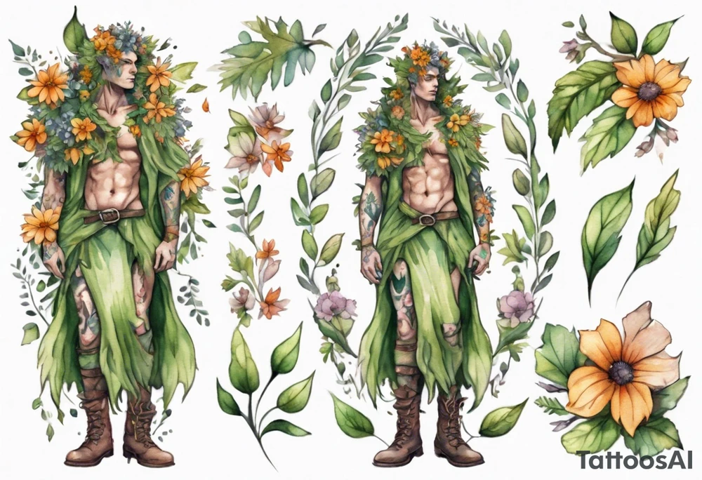 a male dryad covered in flowers wearing a leafy skirt and boots made from tree bark tattoo idea