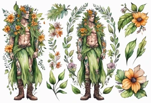 a male dryad covered in flowers wearing a leafy skirt and boots made from tree bark tattoo idea