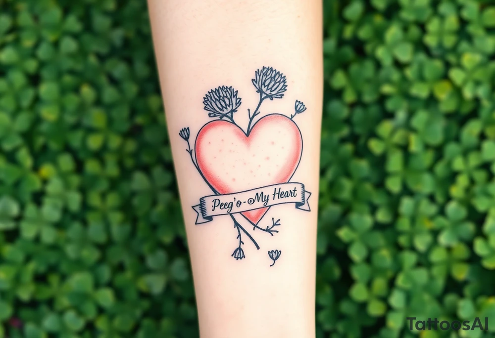 a big pale pink heart in a huge patch of green shamrocks, and a few purple thistles with a banner across the heart that says Peg 'o My Heart tattoo idea