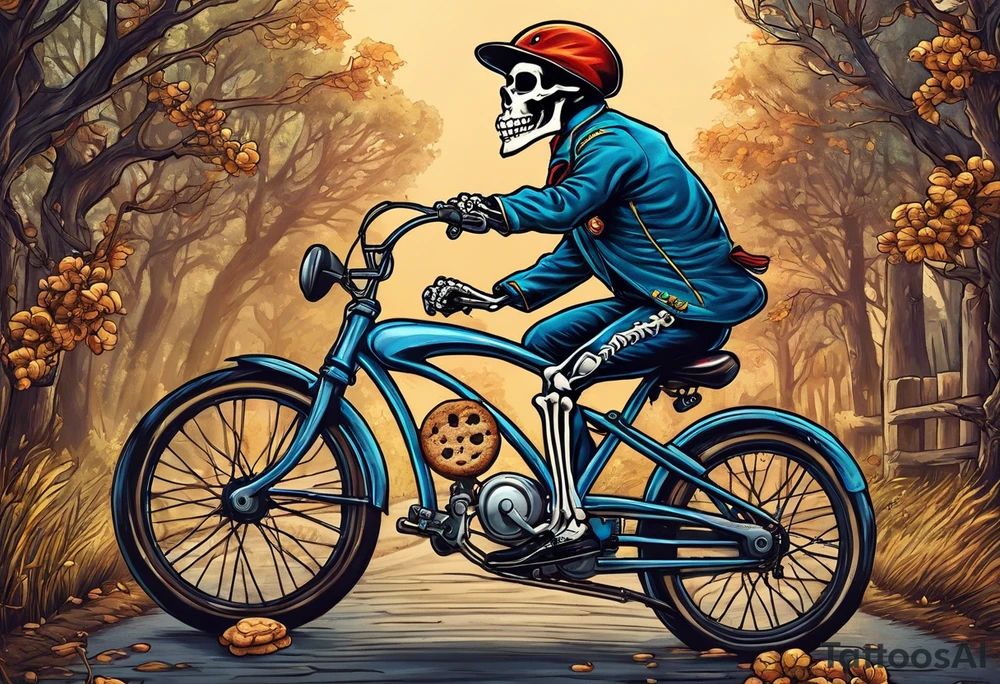 Lifelike skeleton wearing bicycle uniform while riding a road bike. The skeleton is grinning and holding a cookie in its left hand tattoo idea