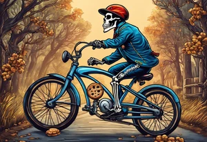 Lifelike skeleton wearing bicycle uniform while riding a road bike. The skeleton is grinning and holding a cookie in its left hand tattoo idea