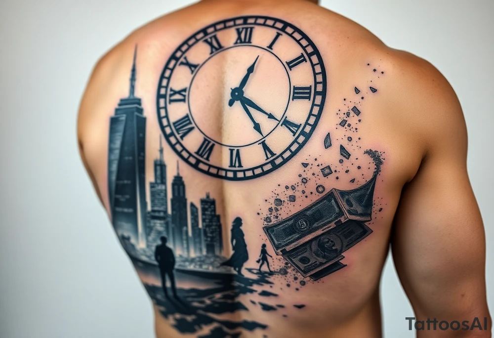 epic futuristic full back tattoo, cyberpunk storytelling design, giant cracked clock above symbolizing lost time, sand turning into digital particles, lonely man standing in a neon futuristic city, fading silhouette of a woman walking away representing lost love, falling money dissolving into dust symbolizing lost fortune, emotional and dramatic atmosphere, black and grey tattoo with subtle neon accents, ultra detailed, full back tattoo composition, tattoo stencil style tattoo idea