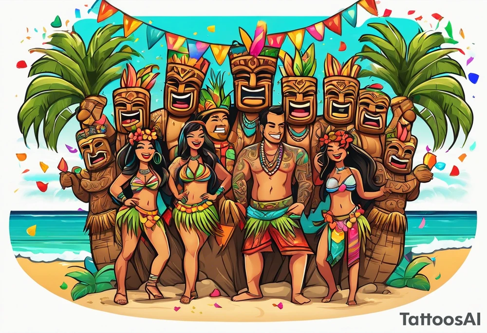 hulu tiki party with dancing tiki guys and sexy tiki girls on a beach with music notes and confetti around a blank space in the middle tattoo idea