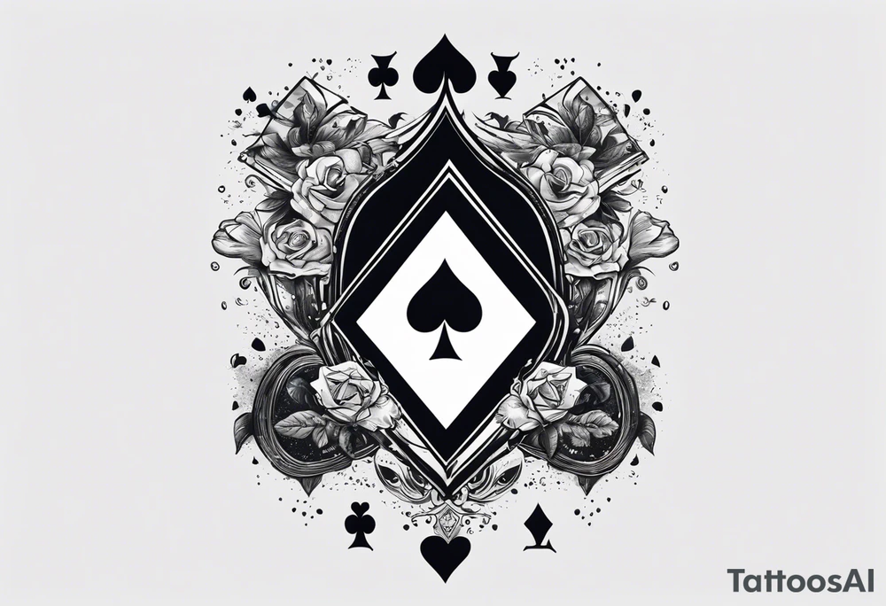 A black-and-white tattoo featuring a deck of playing cards falling mid-air, with a joker card prominently displayed at the center to symbolize unpredictability and chaos in life. The cards are scattered, some face-up, some face-down, representing chance and fate. A small hourglass is incorporated at the base of the design, symbolizing the passage of time. The tattoo uses bold lines and shading to create depth and contrast, keeping the design entirely black and white tattoo idea