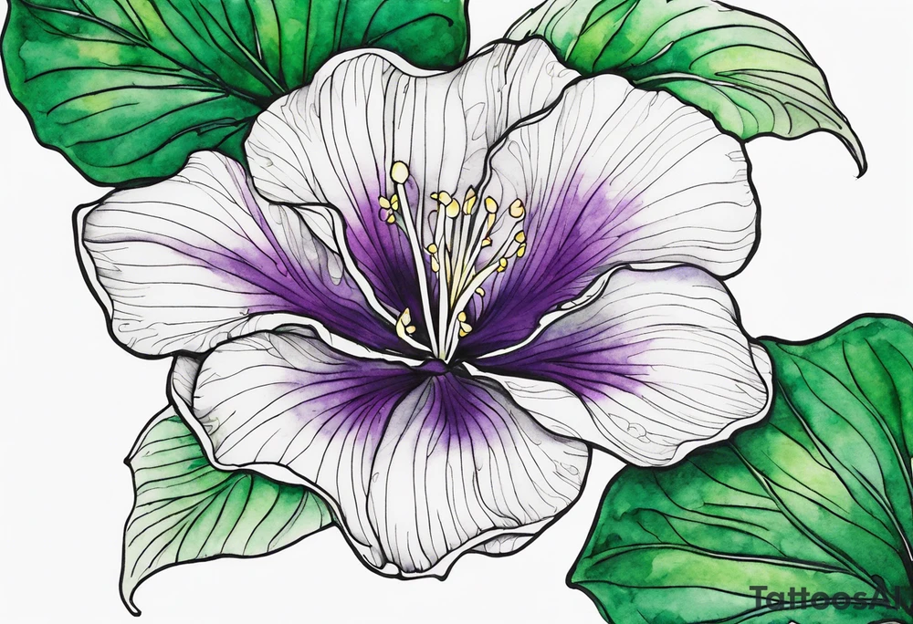 An outline of a rio dipladenia flower with a green and purple watercolor mix in the background tattoo idea