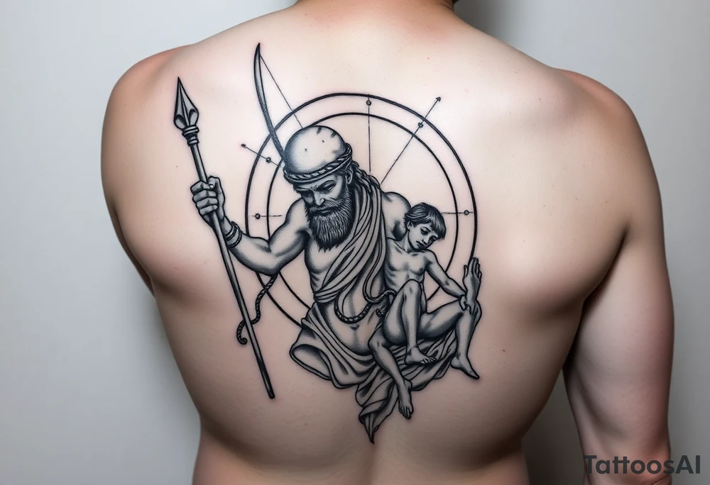 a tattoo design of the Greek God Saturn but older and nearly dying holding his spear looking down using the spear to keep himself upright, in his other arms cradling a twin dying younger version of himself. The gemini constellation is in the background behind the Saturn Gods. Long vertical form as this will be on a thigh - include the planet Saturn rings going round the design tattoo idea