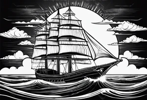 synthwave sun, fender stratocaster, ancient ship tattoo idea
