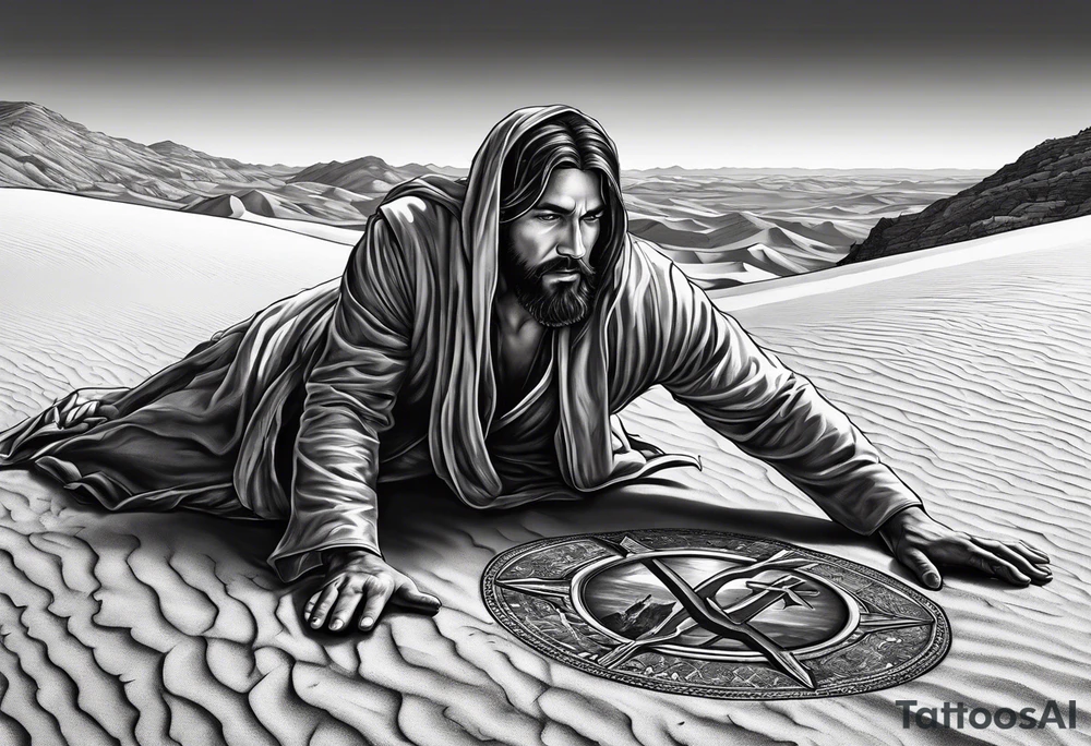 man crawling in a desert toward the cross of Christ tattoo idea