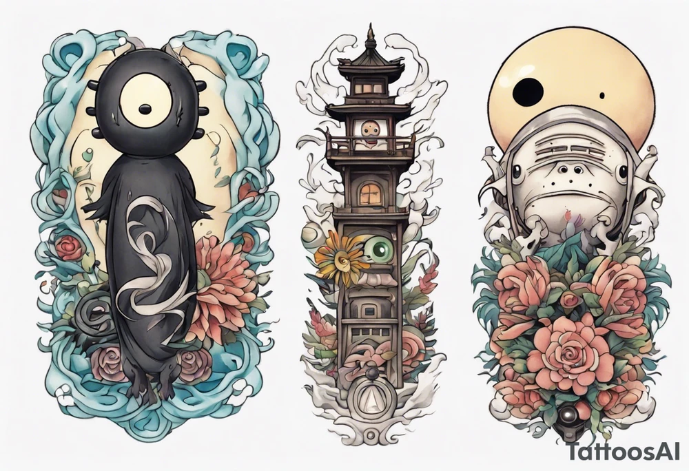spirited away, chihiro, soot sprites, neotraditional style tattoo forearm tattoo idea