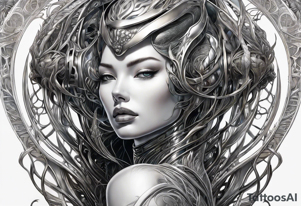 Hajime Sorayama type blended with HR Giger alien woman with vines tattoo idea